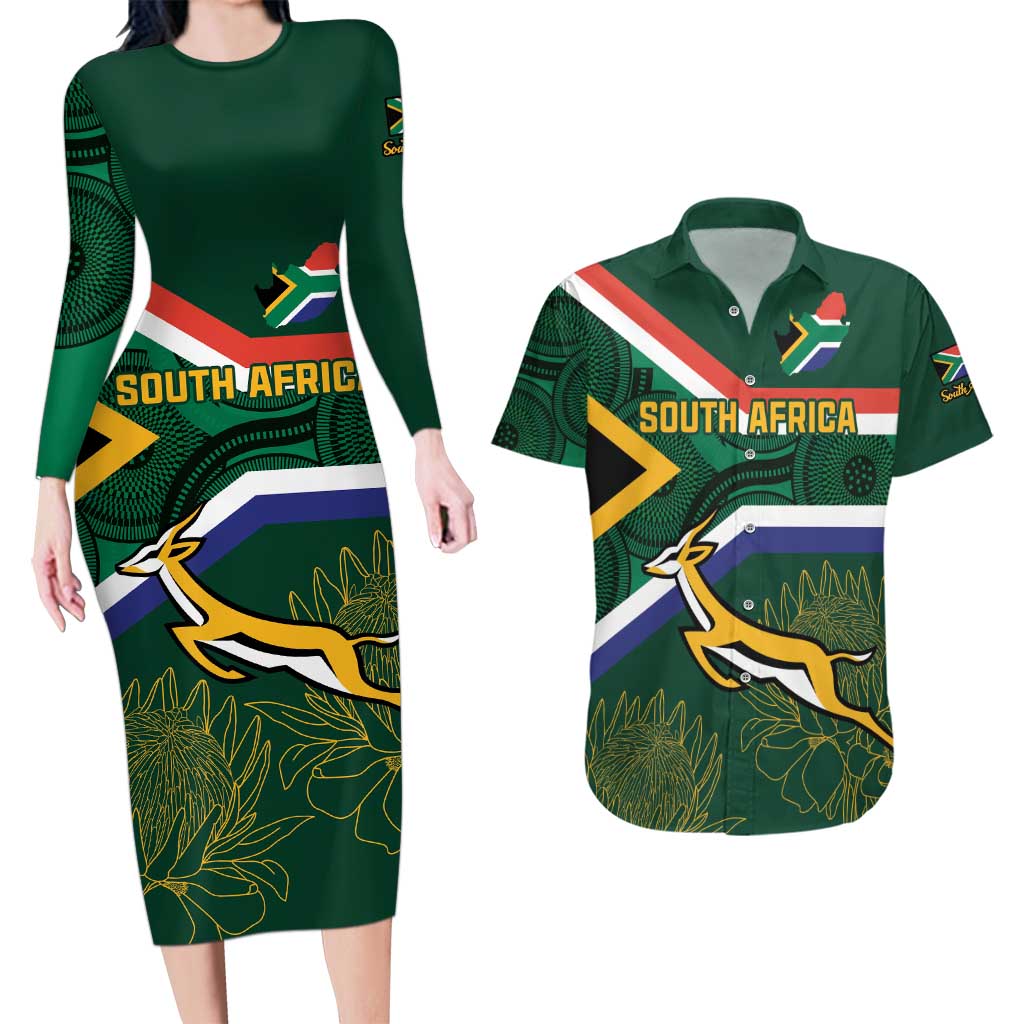 Custom South Africa Rugby Couples Matching Long Sleeve Bodycon Dress and Hawaiian Shirt Springboks Mascot African Pattern - Wonder Print Shop