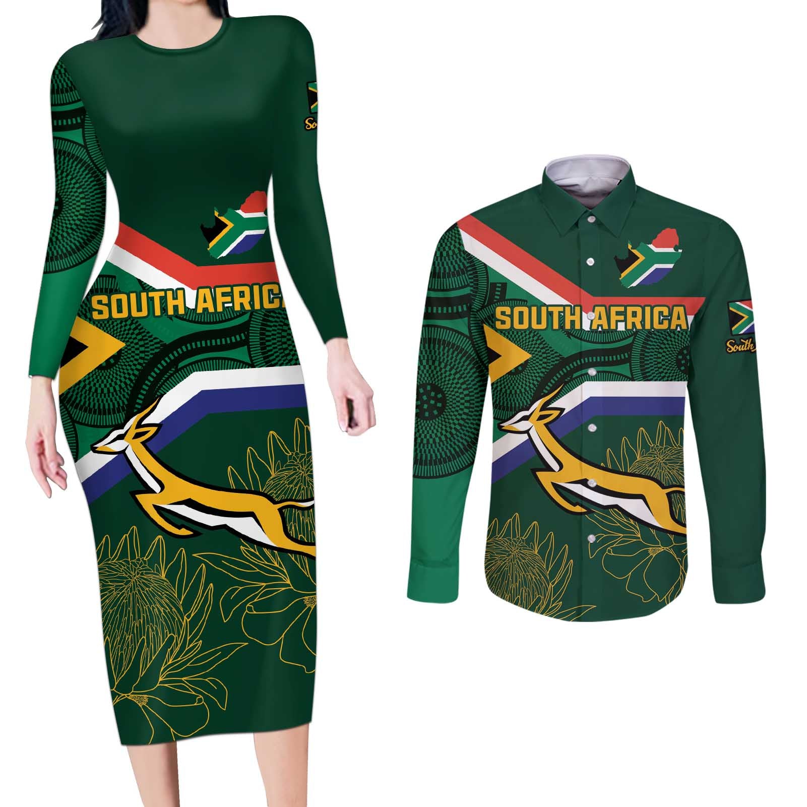 Custom South Africa Rugby Couples Matching Long Sleeve Bodycon Dress and Long Sleeve Button Shirt Springboks Mascot African Pattern - Wonder Print Shop