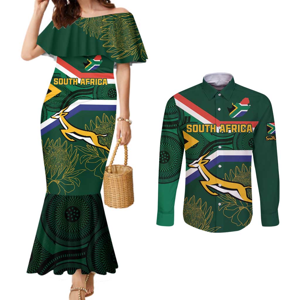 Custom South Africa Rugby Couples Matching Mermaid Dress and Long Sleeve Button Shirt Springboks Mascot African Pattern