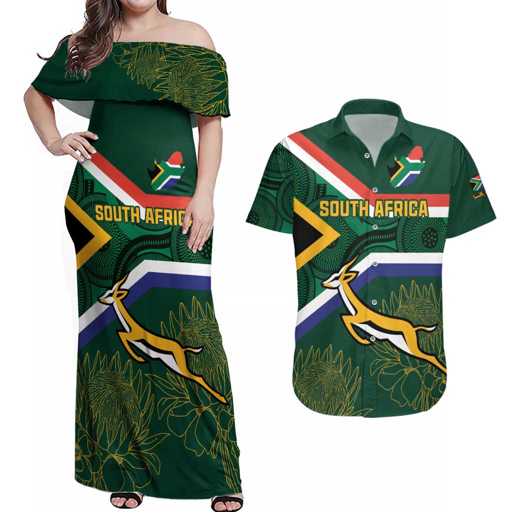 Custom South Africa Rugby Couples Matching Off Shoulder Maxi Dress and Hawaiian Shirt Springboks Mascot African Pattern - Wonder Print Shop