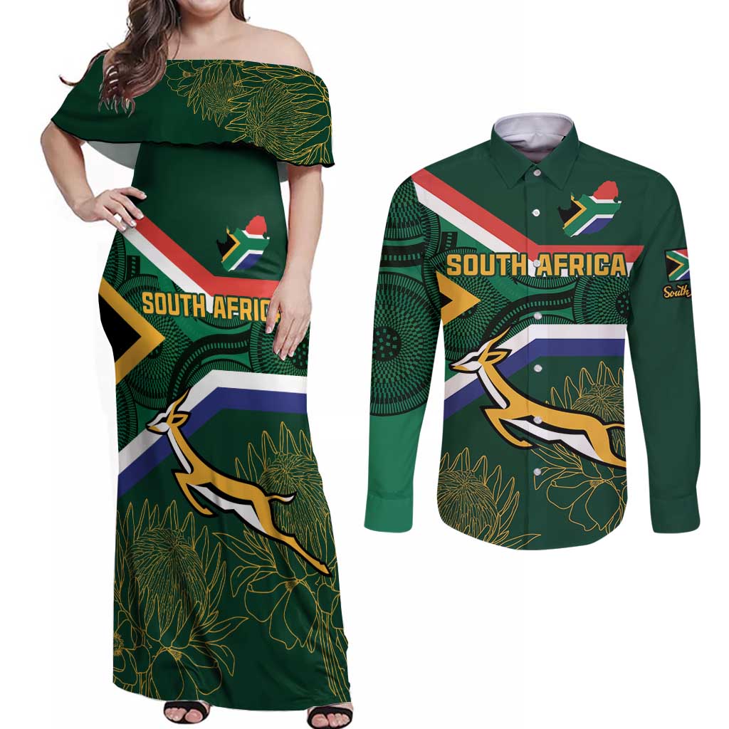 Custom South Africa Rugby Couples Matching Off Shoulder Maxi Dress and Long Sleeve Button Shirt Springboks Mascot African Pattern - Wonder Print Shop