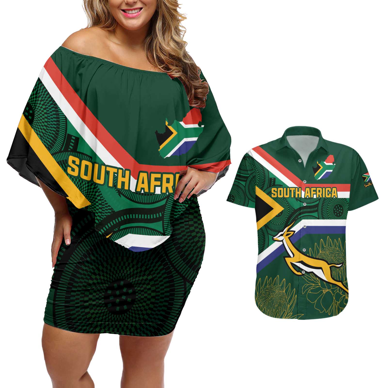 Custom South Africa Rugby Couples Matching Off Shoulder Short Dress and Hawaiian Shirt Springboks Mascot African Pattern - Wonder Print Shop