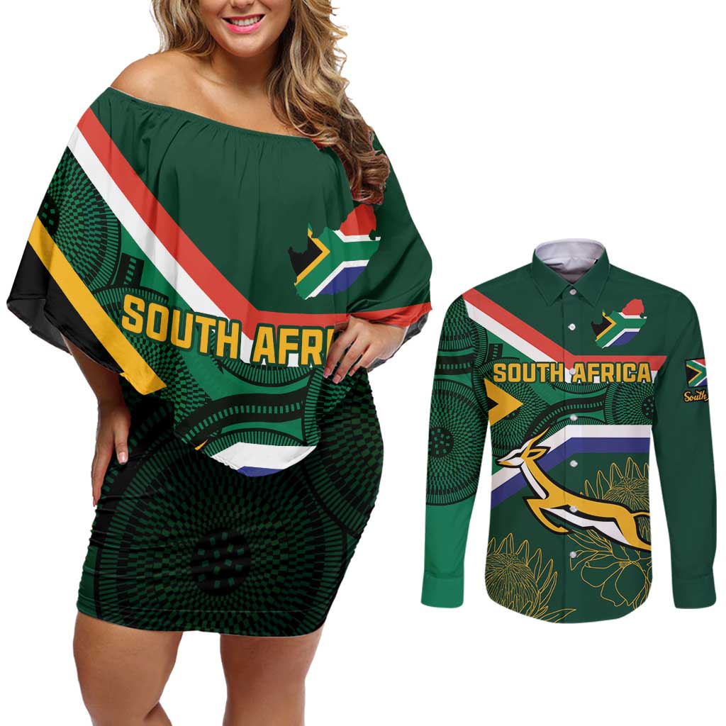 Custom South Africa Rugby Couples Matching Off Shoulder Short Dress and Long Sleeve Button Shirt Springboks Mascot African Pattern - Wonder Print Shop