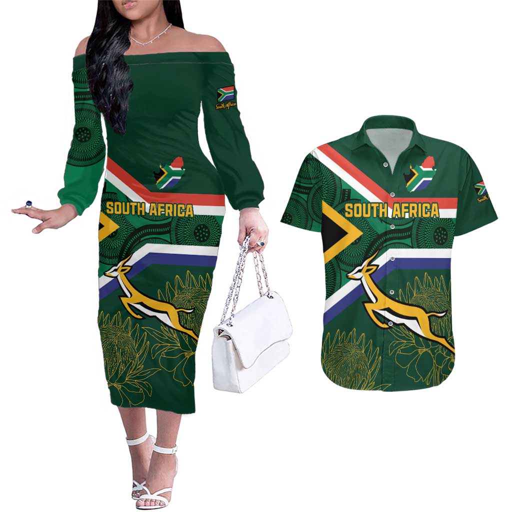 Custom South Africa Rugby Couples Matching Off The Shoulder Long Sleeve Dress and Hawaiian Shirt Springboks Mascot African Pattern - Wonder Print Shop