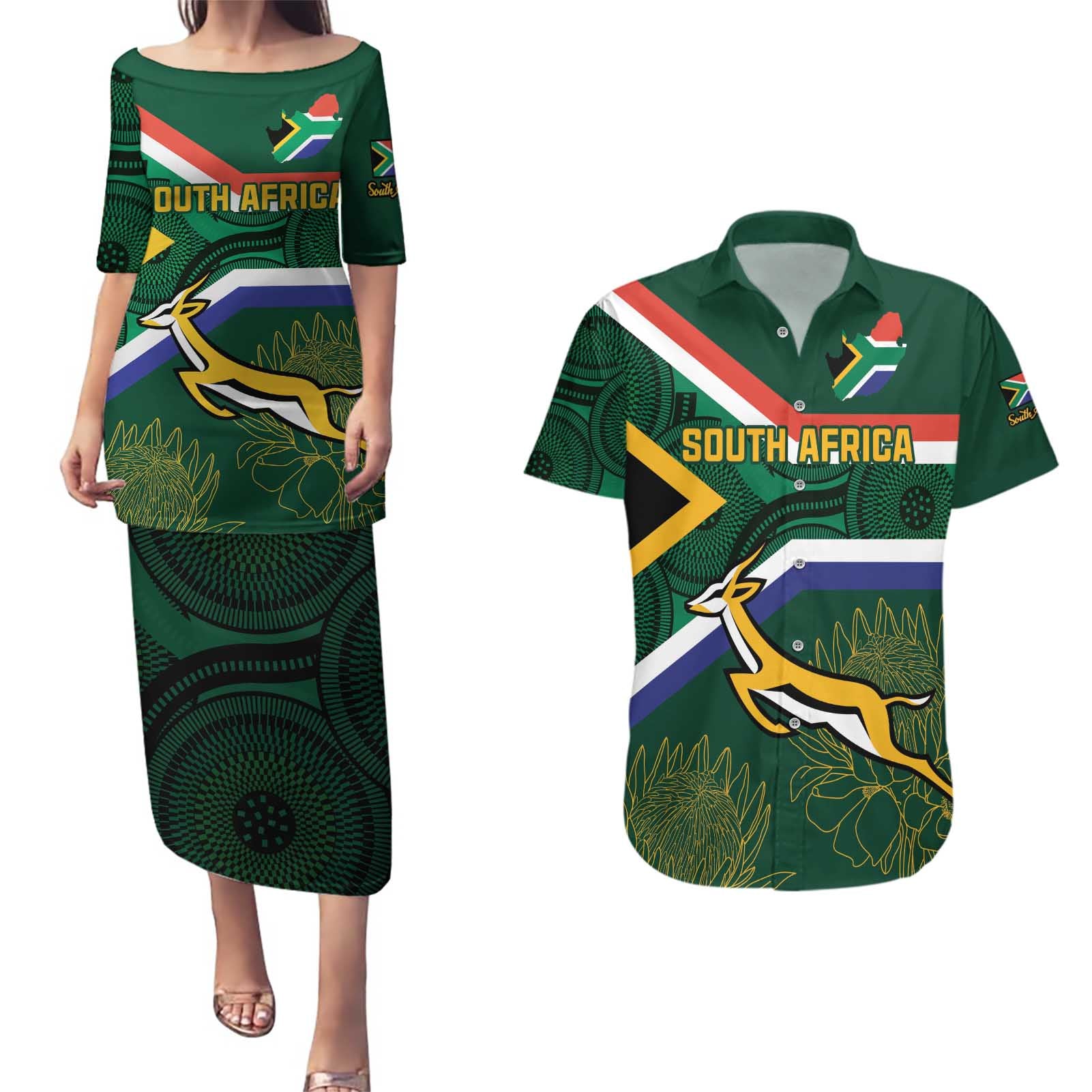 Custom South Africa Rugby Couples Matching Puletasi and Hawaiian Shirt Springboks Mascot African Pattern - Wonder Print Shop