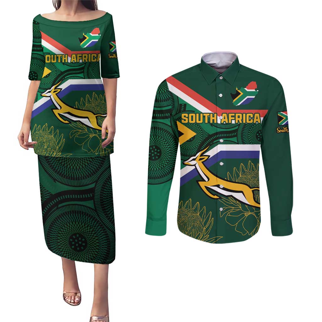 Custom South Africa Rugby Couples Matching Puletasi and Long Sleeve Button Shirt Springboks Mascot African Pattern - Wonder Print Shop