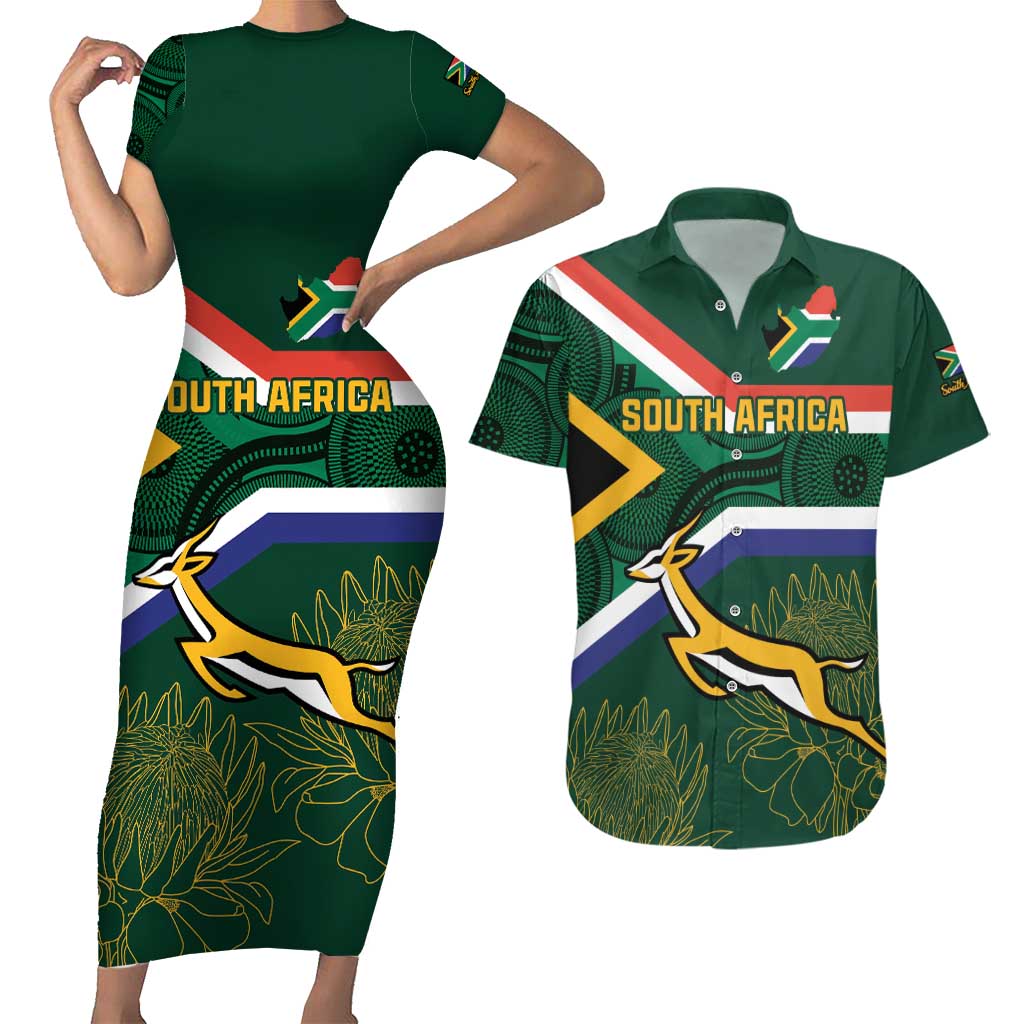 Custom South Africa Rugby Couples Matching Short Sleeve Bodycon Dress and Hawaiian Shirt Springboks Mascot African Pattern - Wonder Print Shop