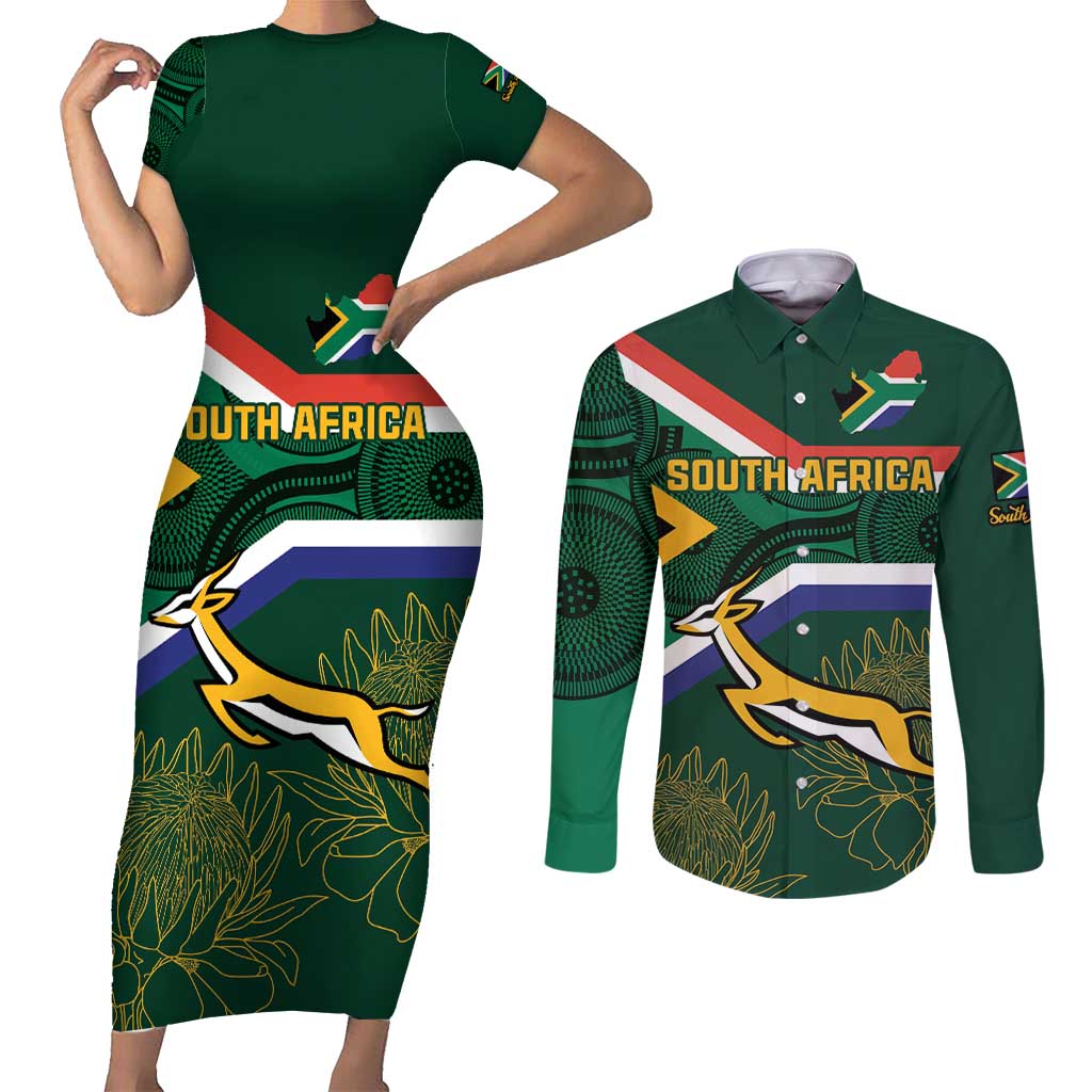 Custom South Africa Rugby Couples Matching Short Sleeve Bodycon Dress and Long Sleeve Button Shirt Springboks Mascot African Pattern - Wonder Print Shop