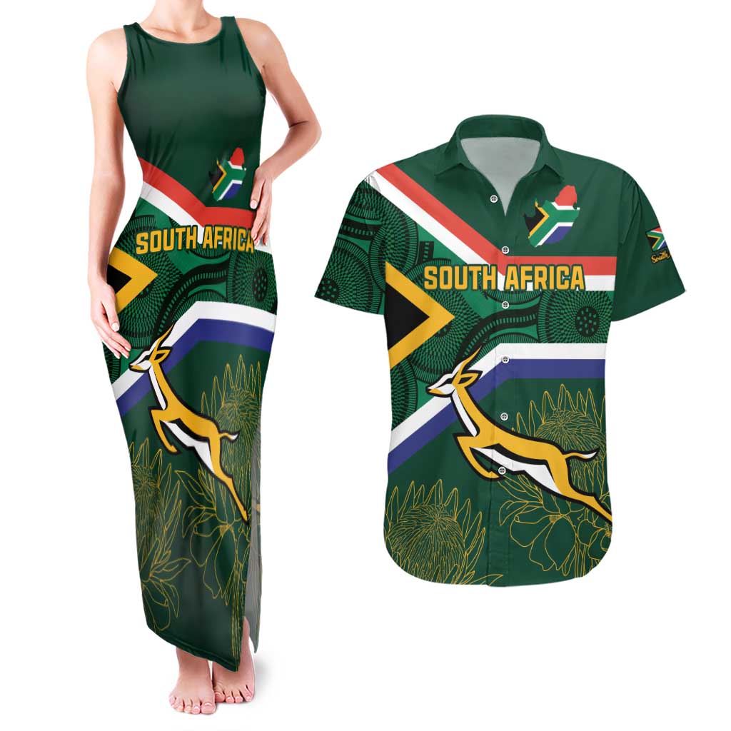 Custom South Africa Rugby Couples Matching Tank Maxi Dress and Hawaiian Shirt Springboks Mascot African Pattern - Wonder Print Shop