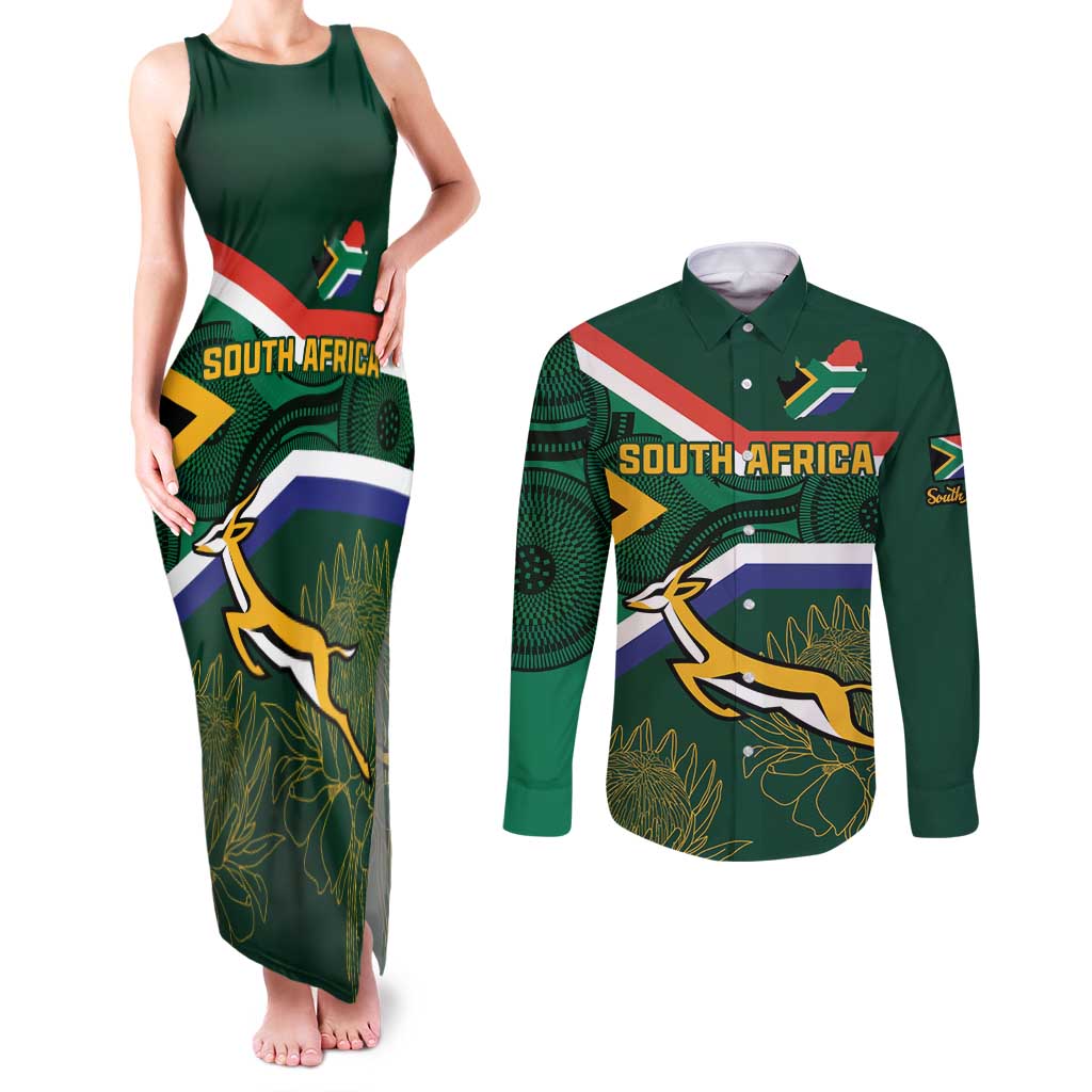 Custom South Africa Rugby Couples Matching Tank Maxi Dress and Long Sleeve Button Shirt Springboks Mascot African Pattern - Wonder Print Shop