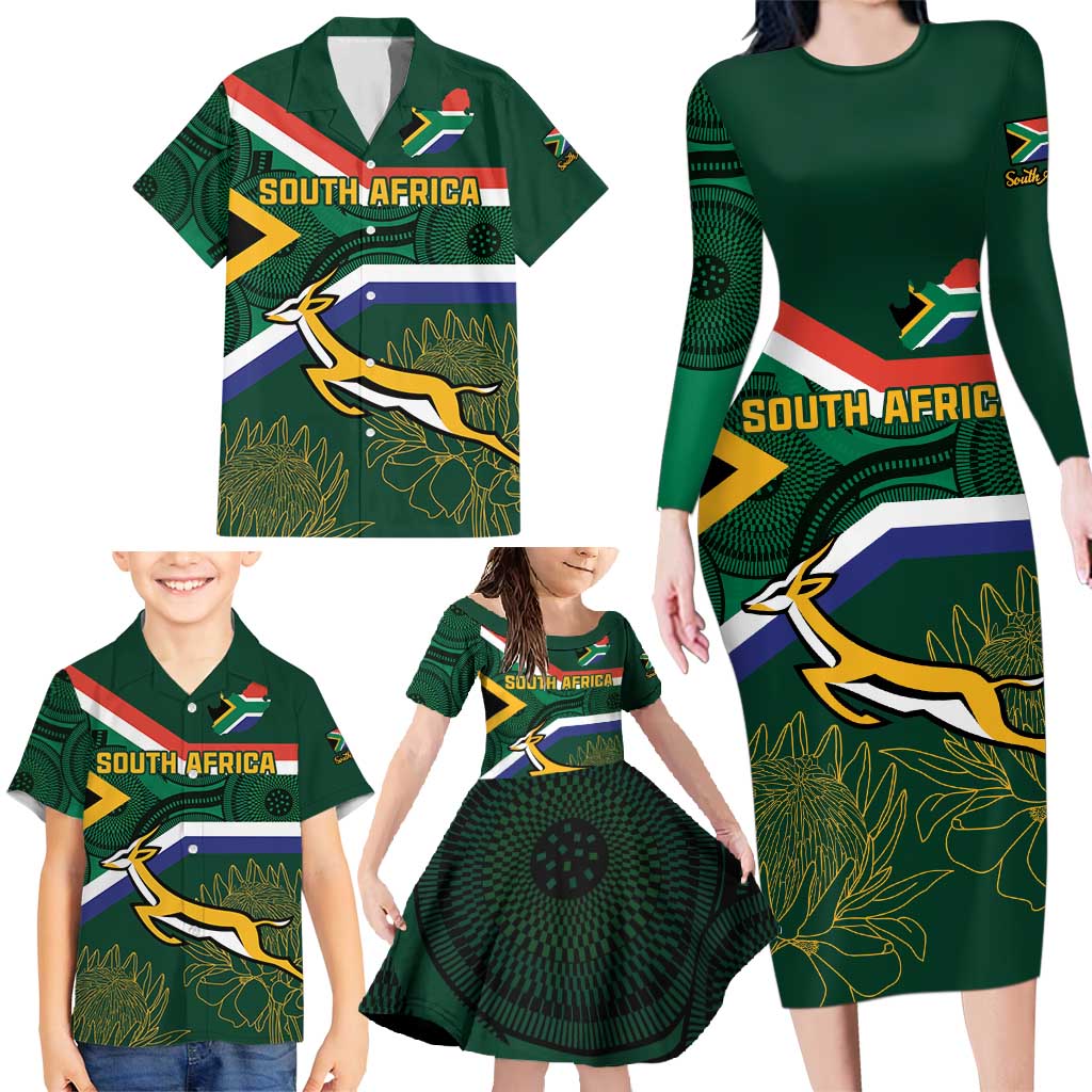 Custom South Africa Rugby Family Matching Long Sleeve Bodycon Dress and Hawaiian Shirt Springboks Mascot African Pattern - Wonder Print Shop