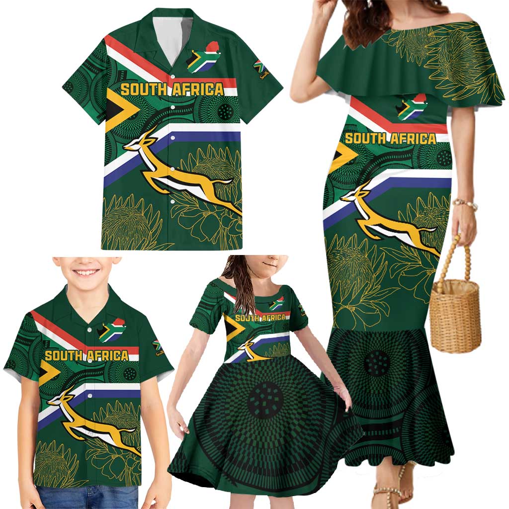 Custom South Africa Rugby Family Matching Mermaid Dress and Hawaiian Shirt Springboks Mascot African Pattern - Wonder Print Shop