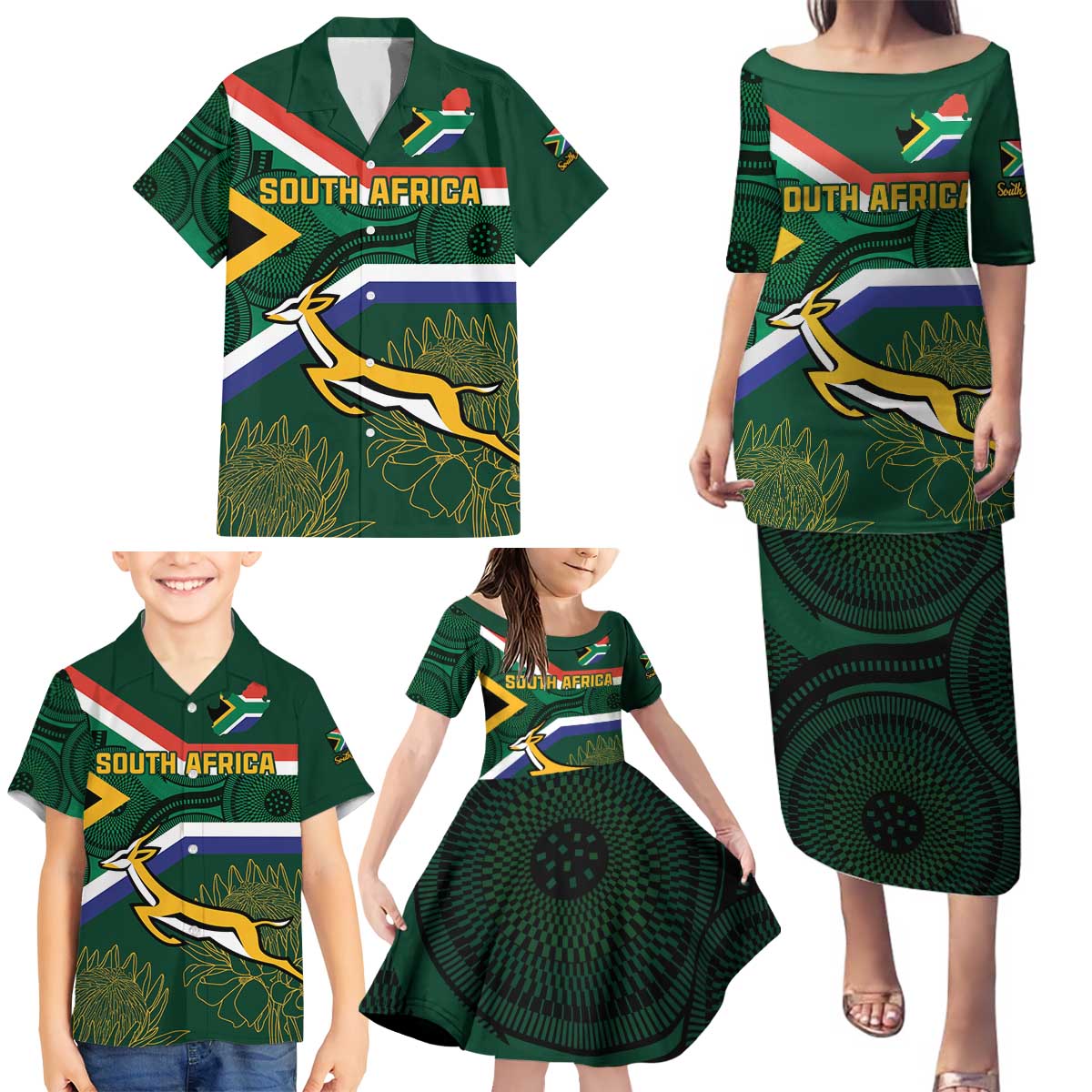 Custom South Africa Rugby Family Matching Puletasi and Hawaiian Shirt Springboks Mascot African Pattern - Wonder Print Shop