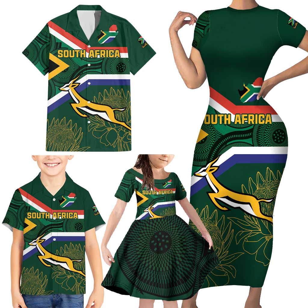 Custom South Africa Rugby Family Matching Short Sleeve Bodycon Dress and Hawaiian Shirt Springboks Mascot African Pattern - Wonder Print Shop