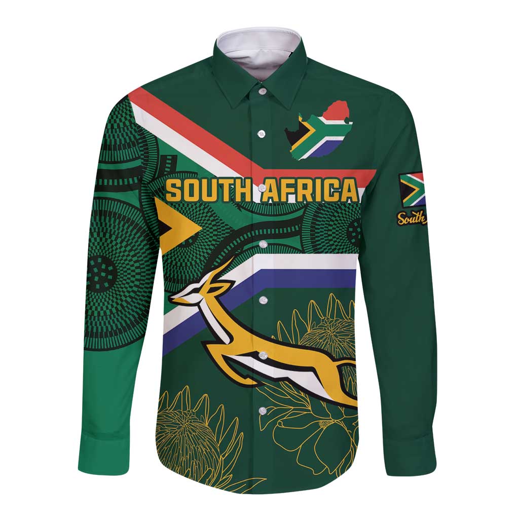 Green long-sleeve button shirt with South Africa graphic, flag stripes, and mascot