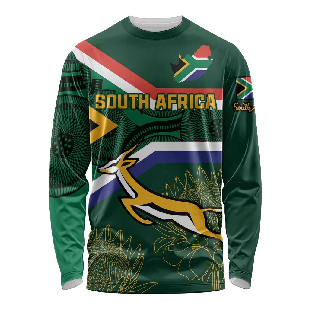 Custom South Africa Rugby Long Sleeve Shirt Springboks Mascot African Pattern - Wonder Print Shop