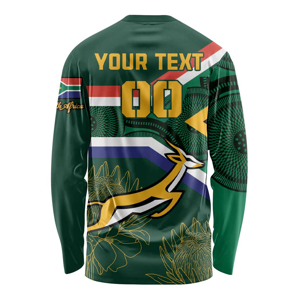Dark green long-sleeve rugby shirt back with Your Text, 100, flag colors, springbok art