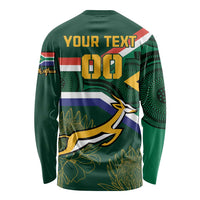 Dark green long-sleeve rugby shirt back with Your Text, 100, flag colors, springbok art