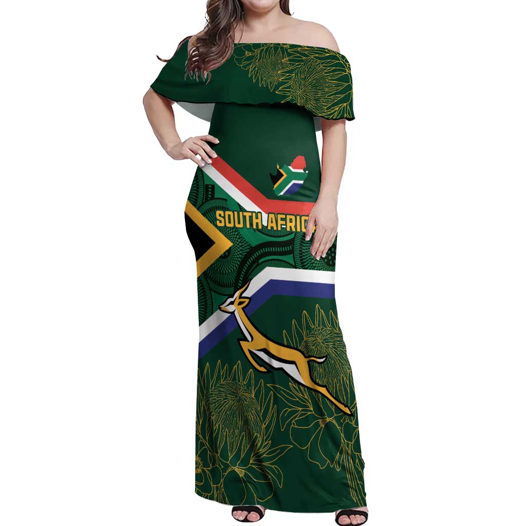 Custom South Africa Rugby Off Shoulder Maxi Dress Springboks Mascot African Pattern - Wonder Print Shop