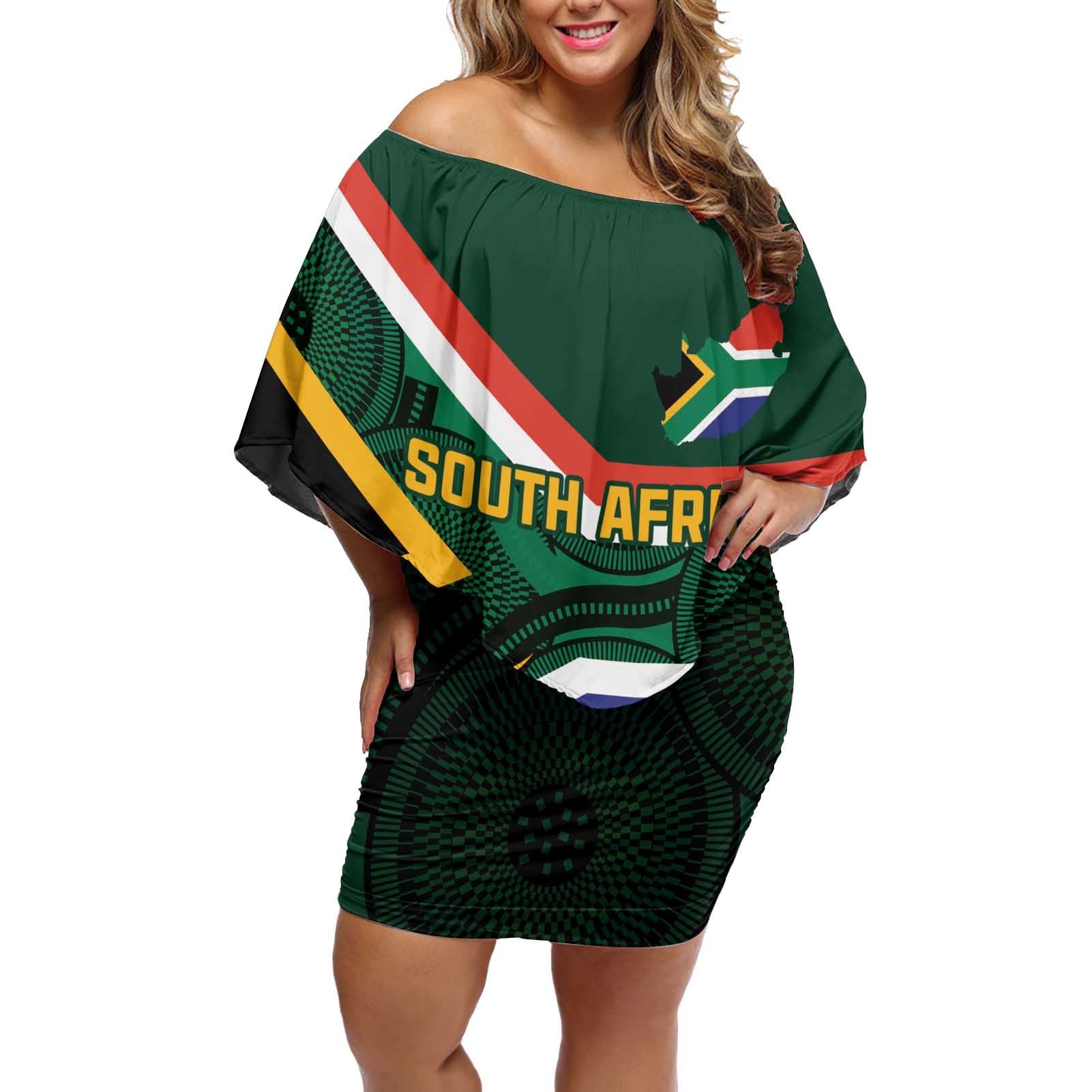 Custom South Africa Rugby Off Shoulder Short Dress Springboks Mascot African Pattern - Wonder Print Shop