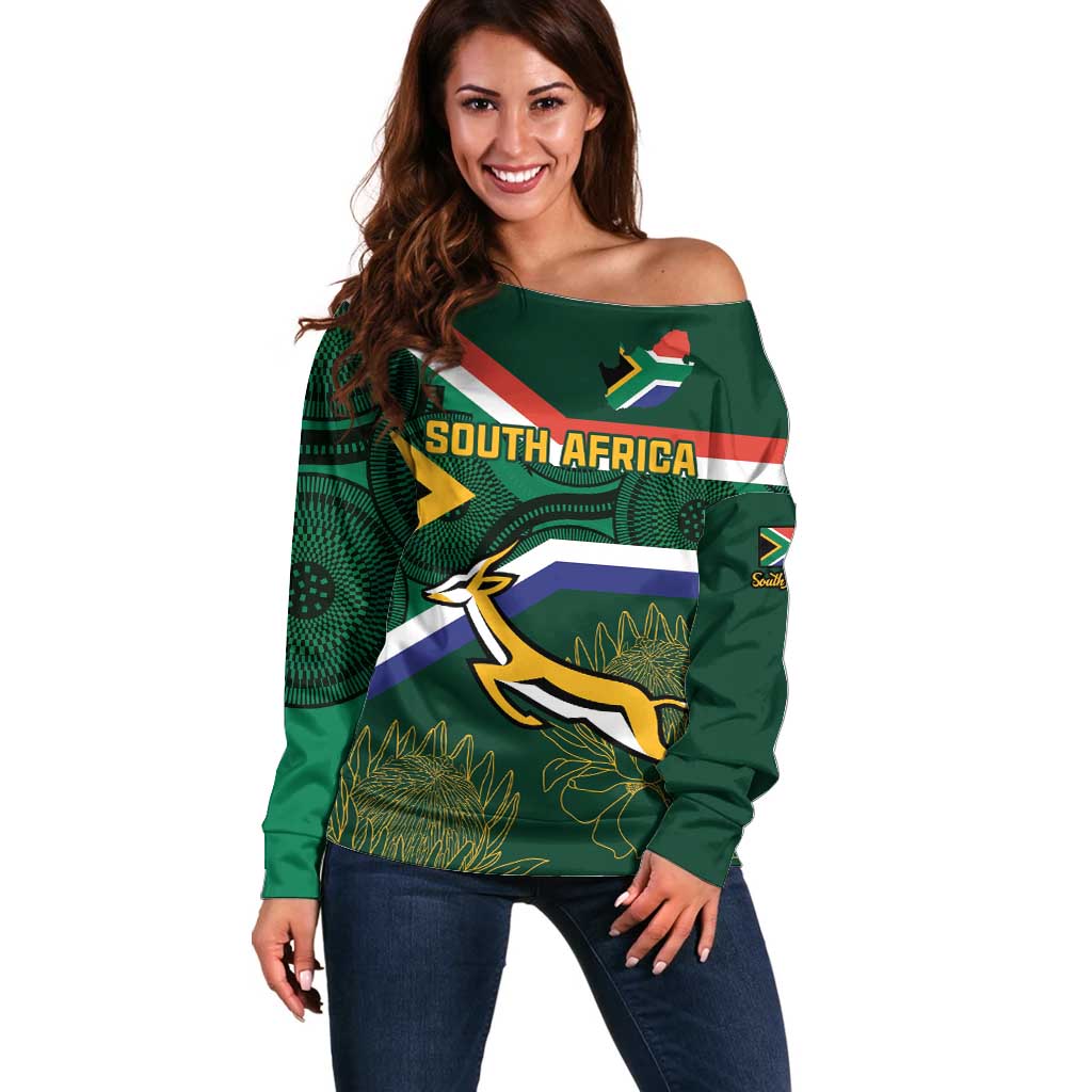 Custom South Africa Rugby Off Shoulder Sweater Springboks Mascot African Pattern - Wonder Print Shop