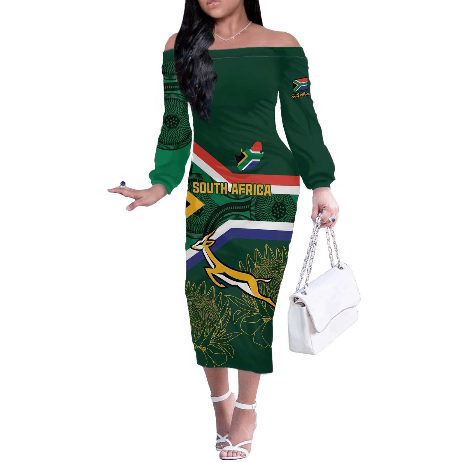 Custom South Africa Rugby Off The Shoulder Long Sleeve Dress Springboks Mascot African Pattern - Wonder Print Shop