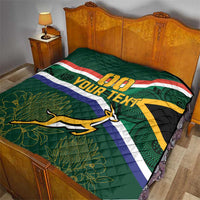 Quilted bed blanket with Springbok graphic and green South Africa flag stripes and custom text