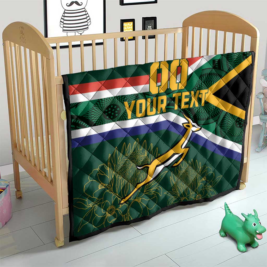 Quilted kids blanket with Springbok mascot, green South Africa flag stripes, and custom text