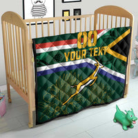 Quilted kids blanket with Springbok mascot, green South Africa flag stripes, and custom text