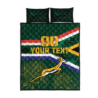 Green rugby quilt bed set with two patterned pillows; stripe bands and 'YOUR TEXT'.