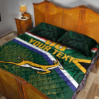 Green rugby quilt bed set with stripe bands, antelope mascot, and 'YOUR TEXT' headline.