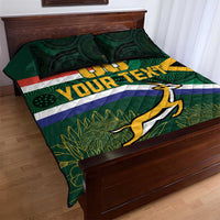 Green rugby quilt bed set with stripe bands, antelope mascot, and 'YOUR TEXT' headline.