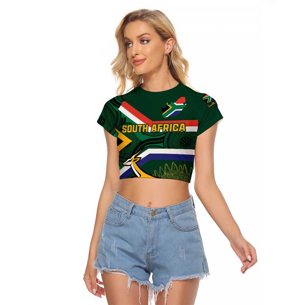 Custom South Africa Rugby Raglan Cropped T Shirt Springboks Mascot African Pattern - Wonder Print Shop