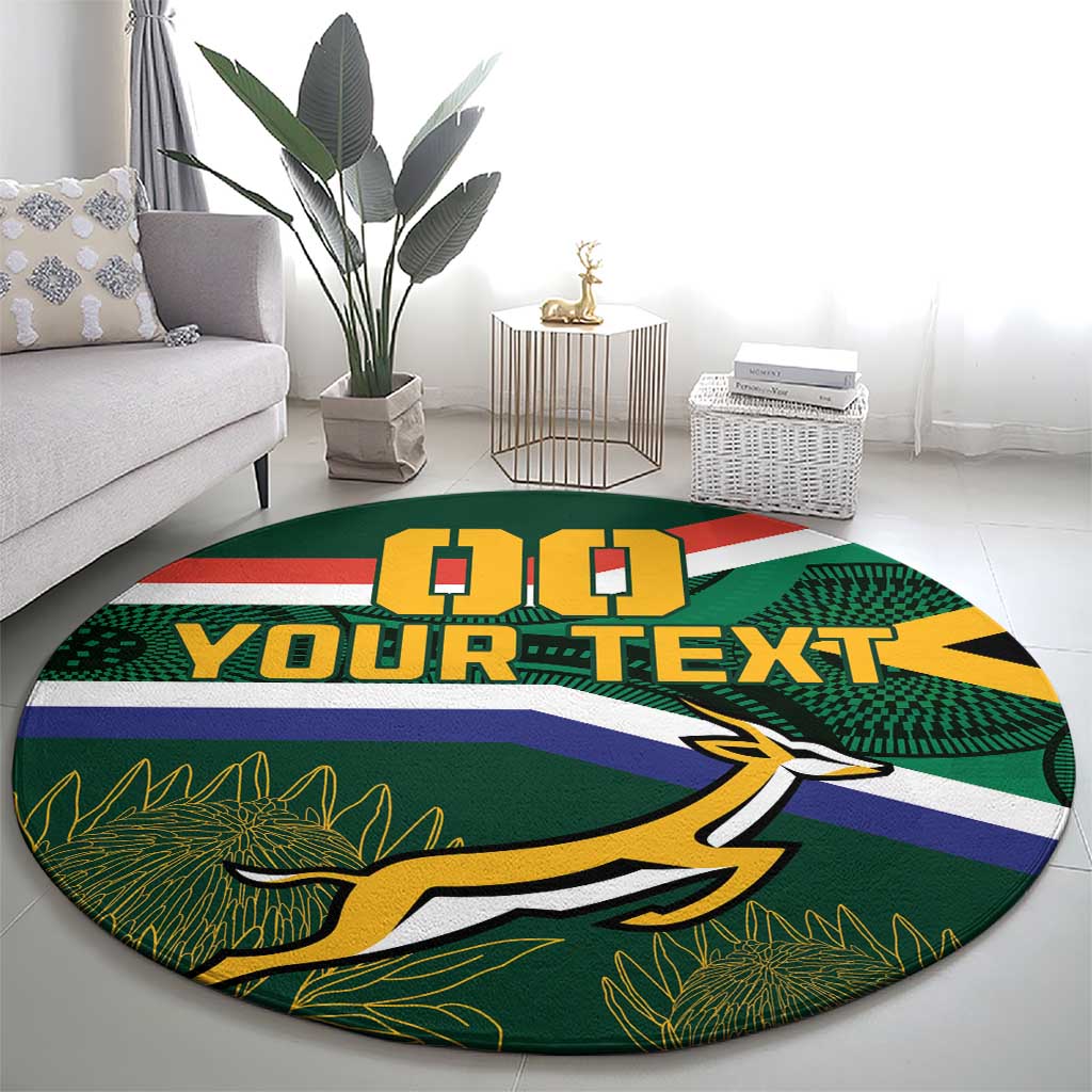 Round rugby theme rug with green, blue, yellow stripes, mascot graphic and custom text