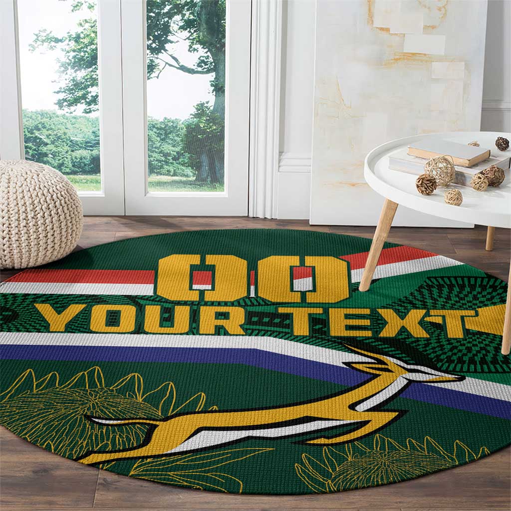 Round rugby theme rug with green, blue, yellow stripes, mascot graphic, custom text