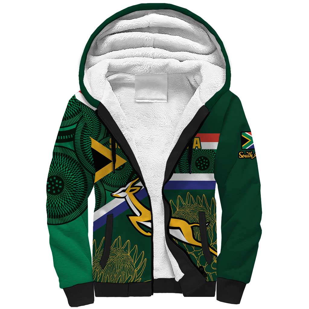 Custom South Africa Rugby Sherpa Hoodie Springboks Mascot African Pattern - Wonder Print Shop