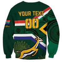 Green rugby sweatshirt with South Africa flag, elephant mascot, and 'YOUR TEXT'