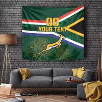 Green rugby wall tapestry with '00 YOUR TEXT', South Africa stripes, antelope figure.