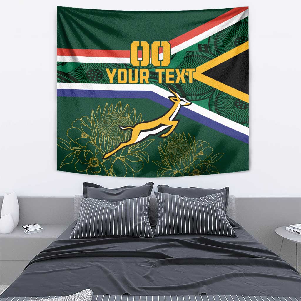 Green South Africa rugby tapestry wall hanging with '00 YOUR TEXT' and floral antelope.