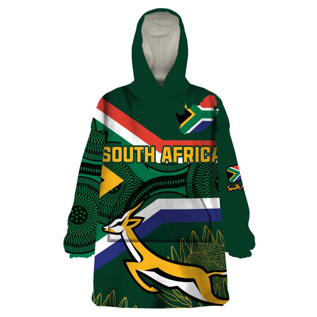 Custom South Africa Rugby Wearable Blanket Hoodie Springboks Mascot African Pattern