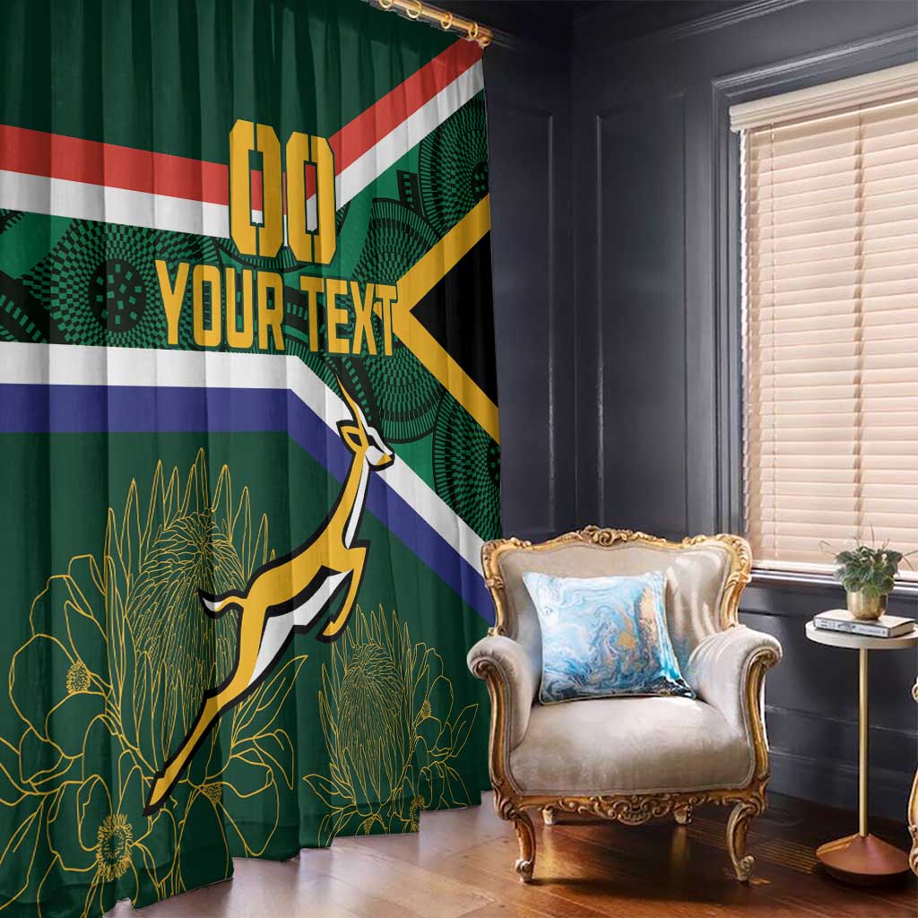 Green window curtains with South Africa flag stripes, springbok, and 'YOUR TEXT'.