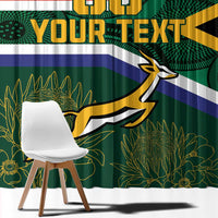Green curtain panel with South Africa flag stripes, springbok graphic, and 'YOUR TEXT'.