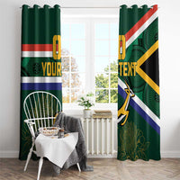 Green ring-top window curtains with South Africa flag stripes, springbok, and 'YOUR TEXT'.