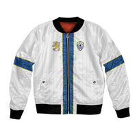 White football bomber jacket with blue-and-yellow trim, zipper front, ribbed cuffs and hem.