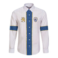 White long-sleeve button shirt with blue vertical stripe and crest patches