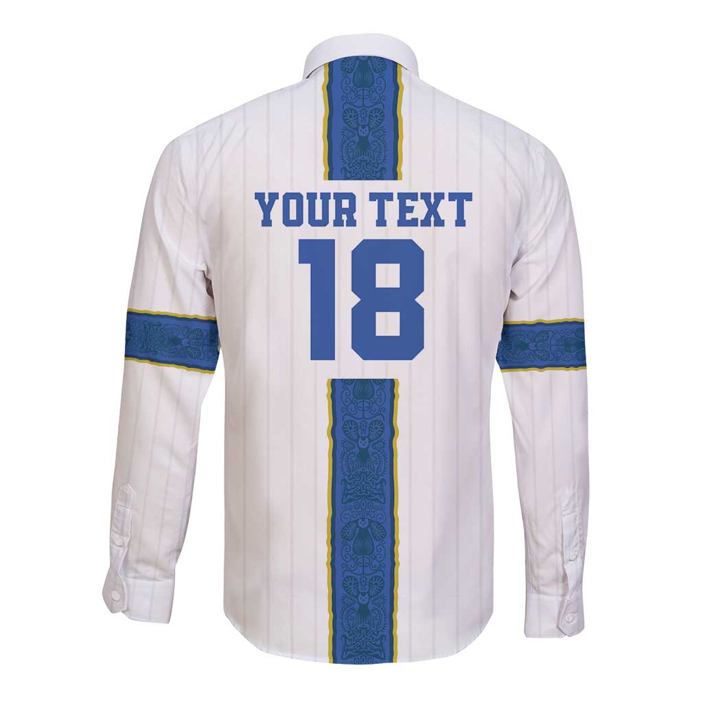 Back view white long-sleeve button shirt with 'YOUR TEXT' and number 18