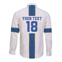 Back view white long-sleeve button shirt with 'YOUR TEXT' and number 18