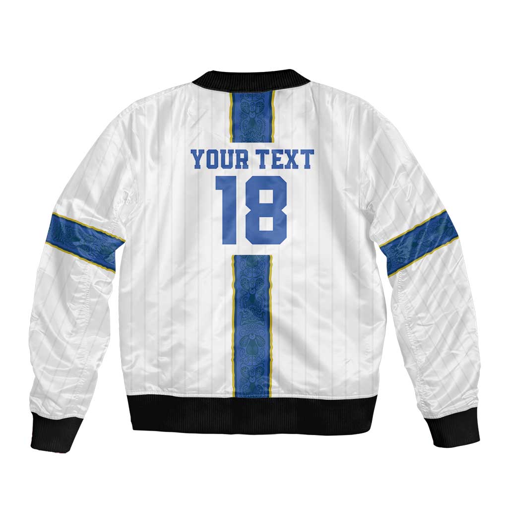 White bomber jacket back with blue vertical stripe, bold number 18, ribbed hem and cuffs