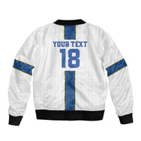White bomber jacket back with blue vertical stripe, bold number 18, ribbed hem and cuffs