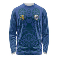 Blue long-sleeve football shirt with Sami pattern and Finland crest graphics